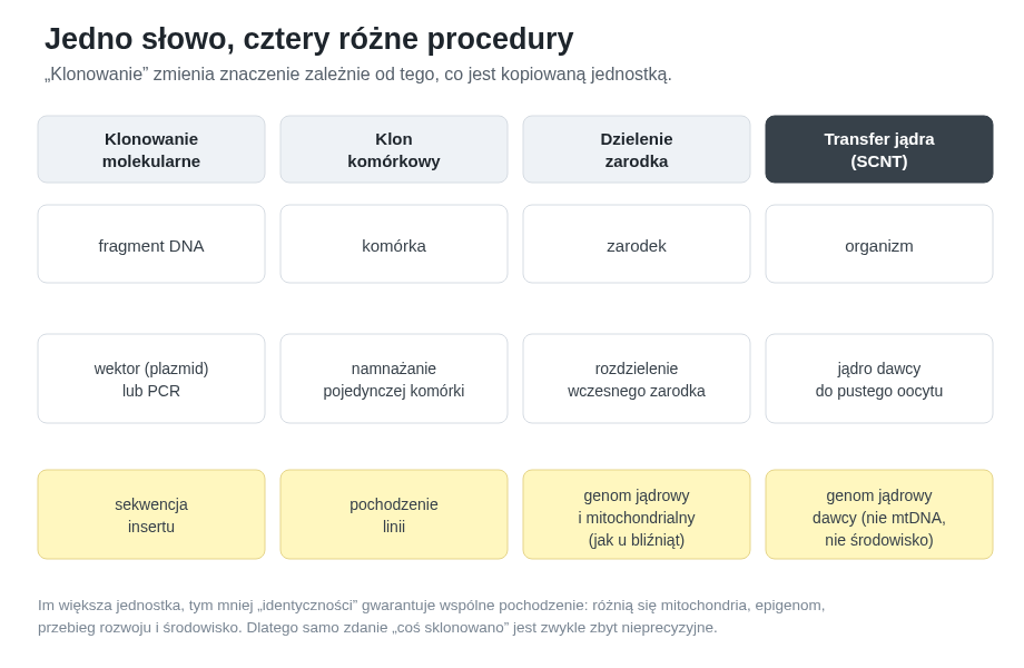Cztery odrębne procedury kryjące się pod jednym słowem. Zmienia się jednostka podlegająca kopiowaniu, mechanizm oraz to, czego można oczekiwać jako „wspólnego”.