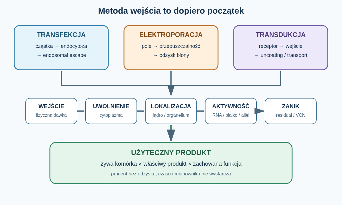 Transfekcja chemiczna, elektroporacja i transdukcja wprowadzają ładunek innymi drogami, lecz każda musi zostać oceniona przez te same bramki: wejście, uwolnienie, lokalizację, aktywność, przeżycie oraz funkcję komórki.