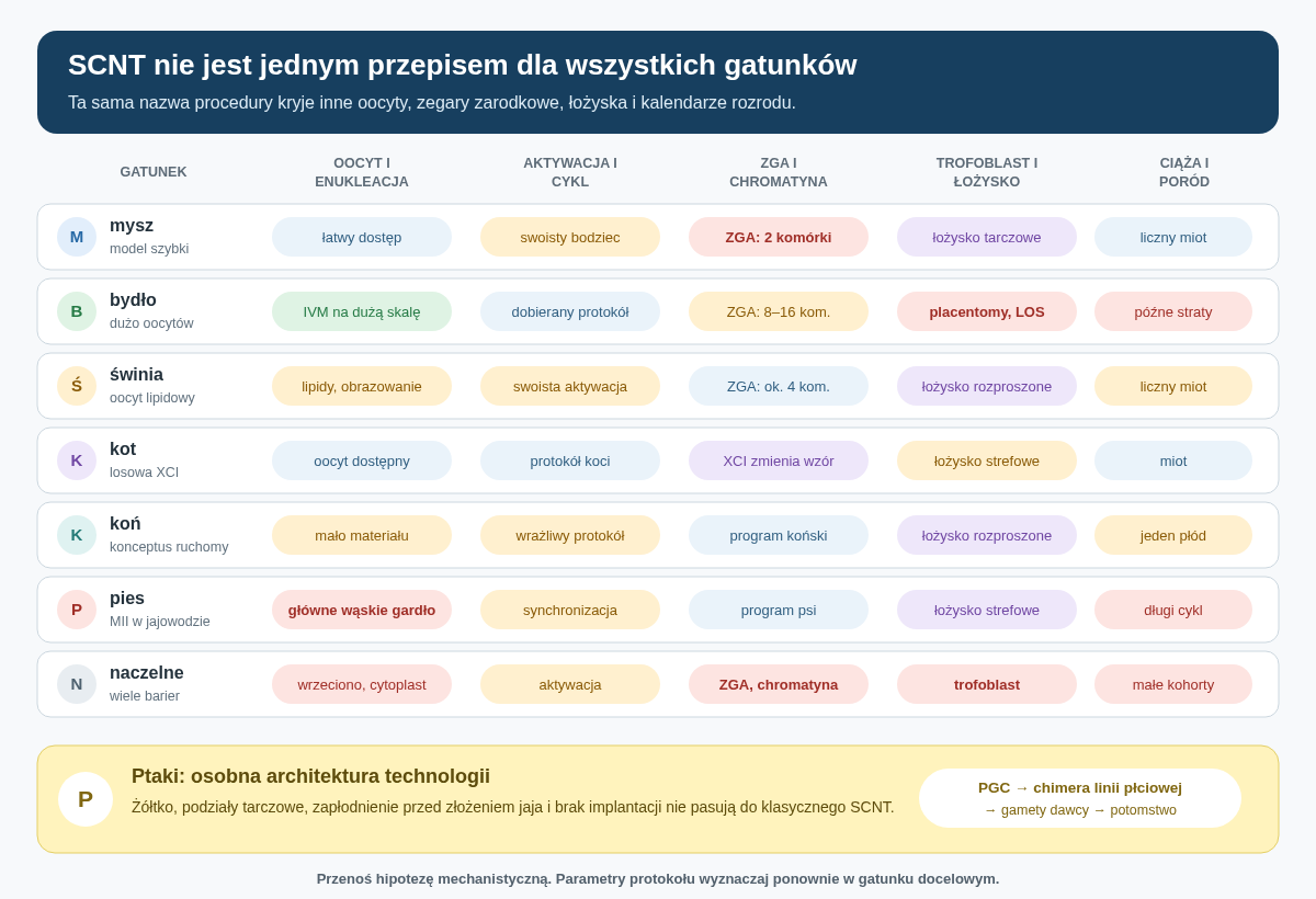 Porównawcza mapa wąskich gardeł SCNT. Każdy gatunek przechodzi przez te same ogólne bramki, lecz główne ograniczenia pojawiają się w innych miejscach: u psa już przy pozyskaniu dojrzałych oocytów, u naczelnych przy enukleacji, wrzecionie, chromatynie i trofoblaście, u przeżuwaczy często podczas ciąży i rozwoju łożyska. Ptaki wymagają osobnego toru opartego na komórkach płciowych.
