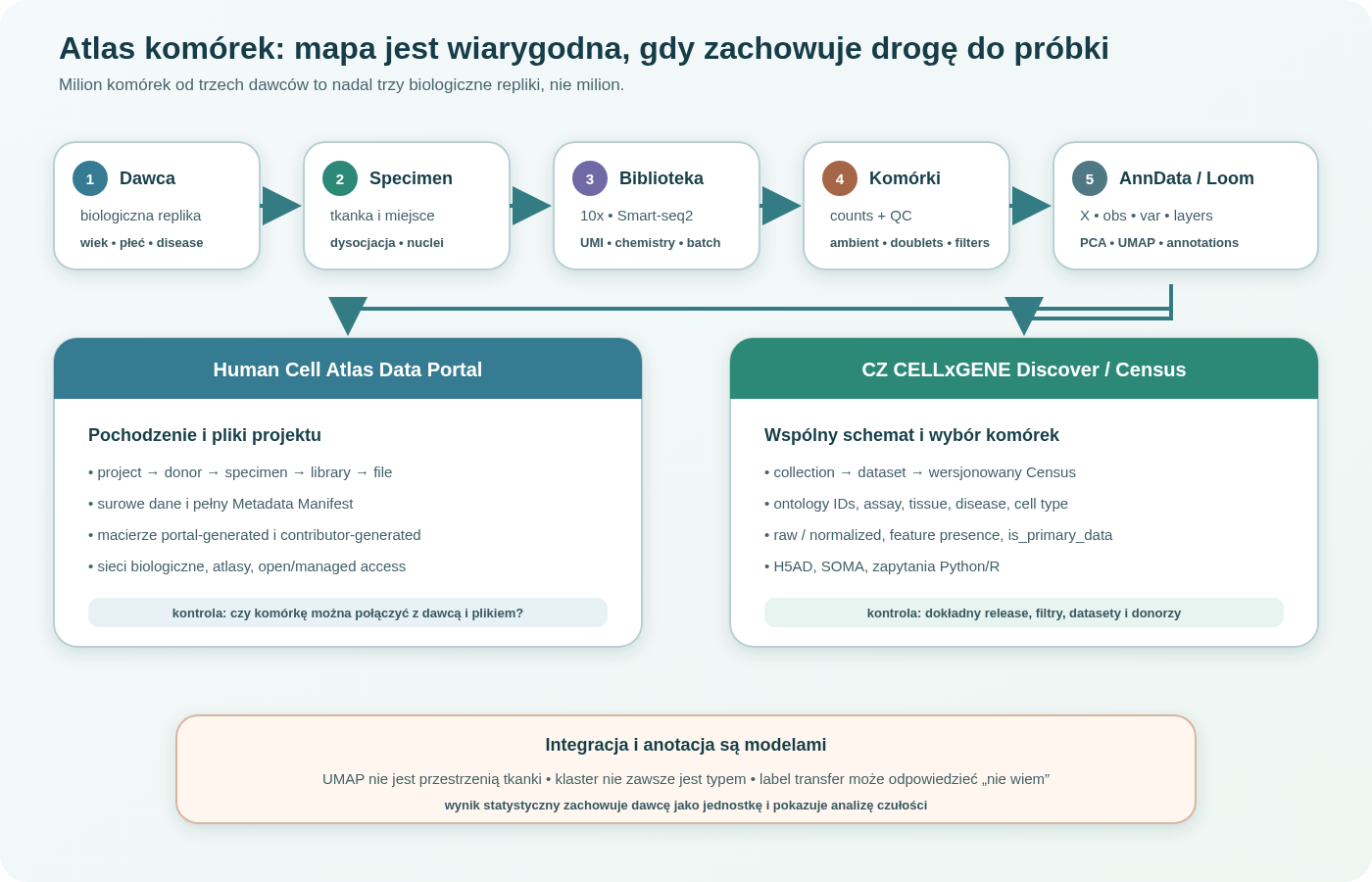 Budowa atlasu single-cell. Dawcy i próbki są niezależnymi jednostkami biologicznymi; komórki przechodzą przez pomiar, kontrolę jakości, macierz AnnData, integrację i anotację. Human Cell Atlas udostępnia projekty, metadane i macierze, a CELLxGENE Discover oraz wersjonowany Census pozwalają eksplorować i programowo wybierać komórki. Integracja i UMAP nie usuwają potrzeby śledzenia dawcy, technologii oraz wersji.