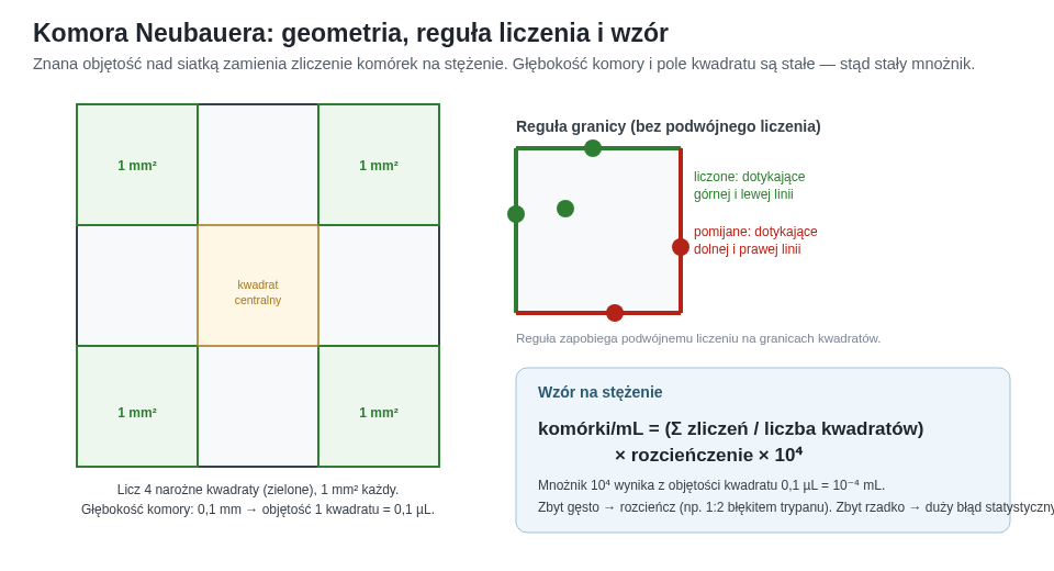 Siatka komory Neubauera: cztery narożne kwadraty po 1 mm², głębokość komory 0,1 mm (objętość jednego kwadratu to 0,1 µL), reguła liczenia komórek dotykających górnej i lewej linii oraz wzór na stężenie z mnożnikiem 10⁴.