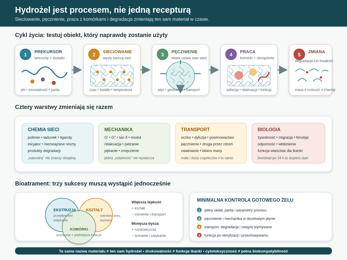 Hydrożel trzeba śledzić jako proces: prekursor przechodzi przez sieciowanie i pęcznienie, pracuje z komórkami, a następnie degraduje się lub pozostaje. W każdym etapie zmieniają się chemia, mechanika, transport i biologia. Ta sama receptura może dać inny produkt po zmianie światła, temperatury, czasu, geometrii albo sterylizacji.