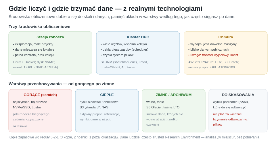 Trzy środowiska obliczeniowe (stacja robocza, klaster HPC ze SLURM, chmura) oraz warstwy przechowywania od gorącego scratcha po zimne archiwum, z realnymi technologiami. Dane ludzkie często trzyma się w Trusted Research Environment.