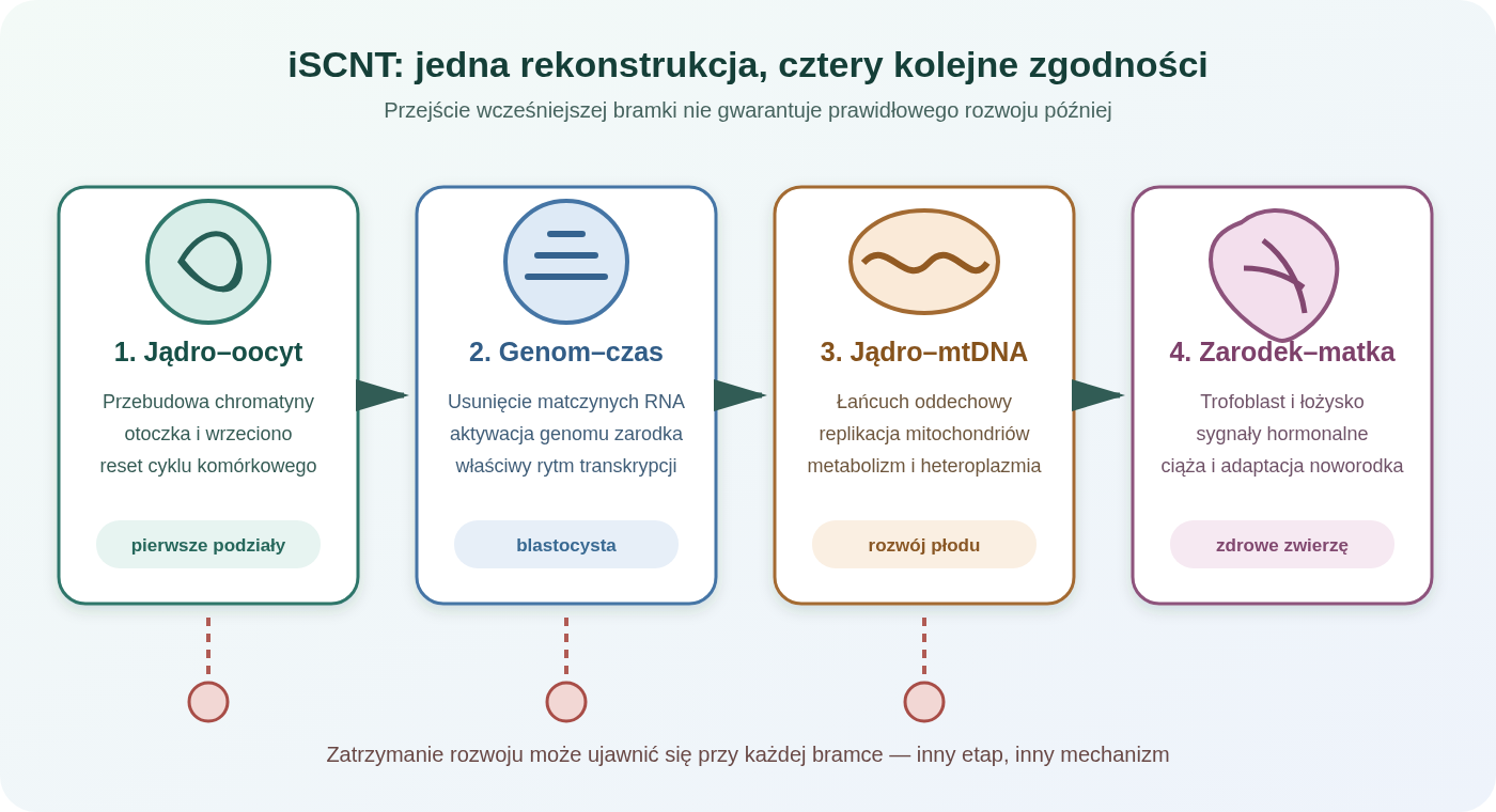 Cztery kolejne bramki międzygatunkowego transferu jądra: przeprogramowanie jądra przez oocyt, aktywacja genomu zarodkowego, współpraca genomu jądrowego z mitochondriami oraz rozwój łożyska i ciąży. Przejście wcześniejszej bramki nie gwarantuje przejścia następnej.