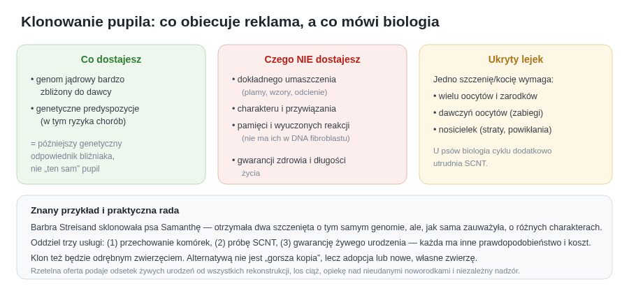 Klonowanie pupila odtwarza genom jądrowy, ale nie umaszczenie co do plamki, charakter, pamięć ani gwarancję zdrowia. Za jednym szczenięciem stoi też ukryty lejek dawczyń oocytów i nosicielek.