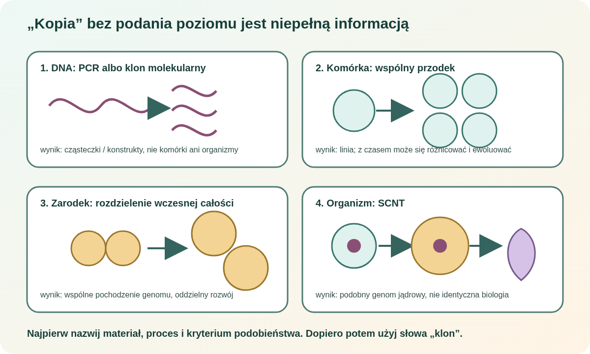 Cztery znaczenia kopii: powielenie DNA, linia potomna jednej komórki, rozdzielenie wczesnego zarodka oraz organizm po transferze jądra. Każde wymaga innego dowodu.