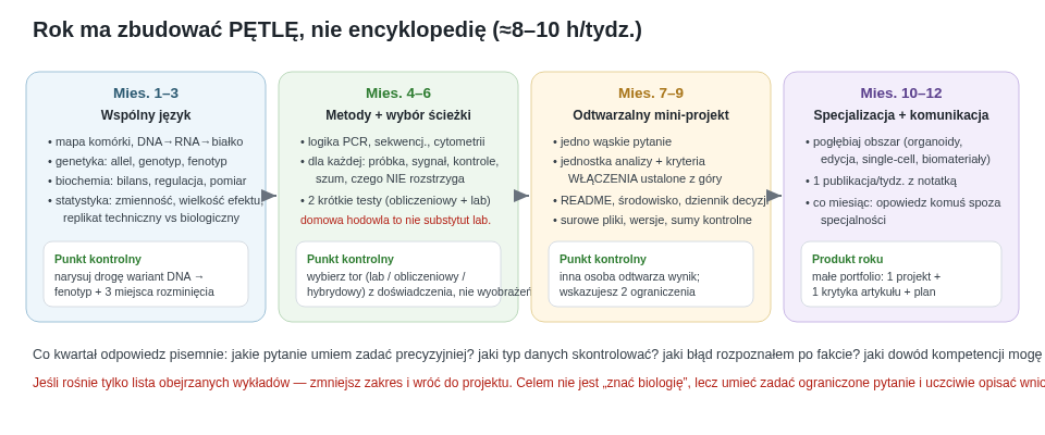 Roczny plan w czterech kwartałach: od wspólnego języka, przez metody i wybór ścieżki, po odtwarzalny mini-projekt i specjalizację. Każdy kwartał ma konkretny punkt kontrolny — jeśli rośnie tylko lista wykładów, zmniejsz zakres.