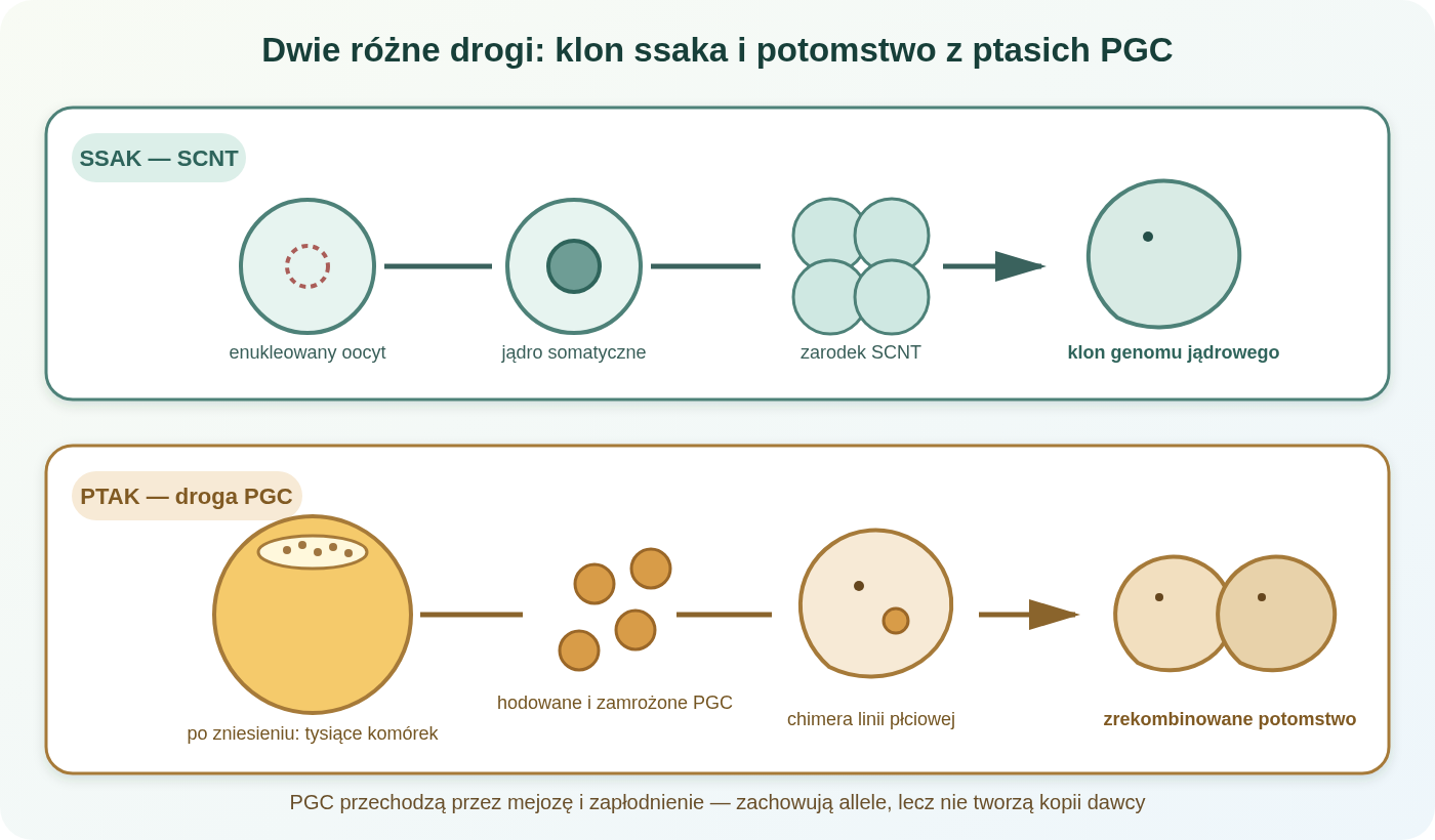 U ssaka enukleuje się pojedynczy oocyt, wprowadza jądro somatyczne i przenosi zarodek do macicy. U ptaka dostępne po zniesieniu jajo zawiera już wielokomórkową tarczkę zarodkową. Alternatywna droga prowadzi przez PGC, chimerę linii płciowej i zapłodnienie, dlatego potomstwo nie jest klonem.
