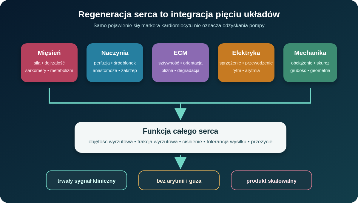 Regeneracja serca wymaga jednoczesnej integracji mięśnia, naczyń, macierzy, przewodzenia elektrycznego i mechaniki; wynikiem ma być funkcja całego serca bez arytmii, guza i niestabilnego produktu.