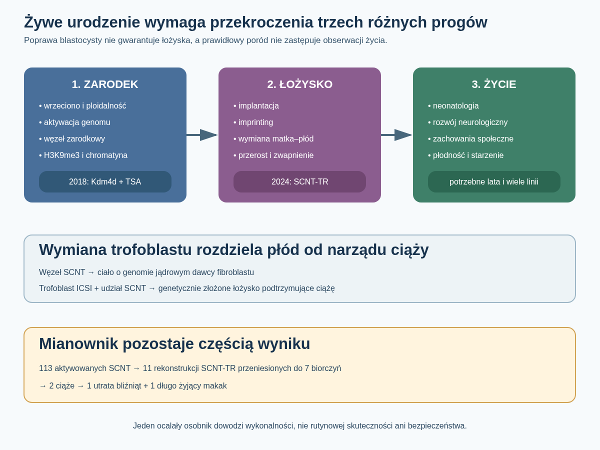 Trzy progi SCNT u makaków. W 2018 roku Kdm4d i TSA poprawiły przeprogramowanie przedimplantacyjne i pozwoliły uzyskać dwa żywe klony z fibroblastów płodowych. Próby z komórkami dorosłymi ujawniły straty płodowe i neonatalne. W 2024 roku wymiana trofoblastu na pochodzący z zarodka ICSI wsparła łożysko, ale jeden ocalały klon nie oznacza rutynowej metody.