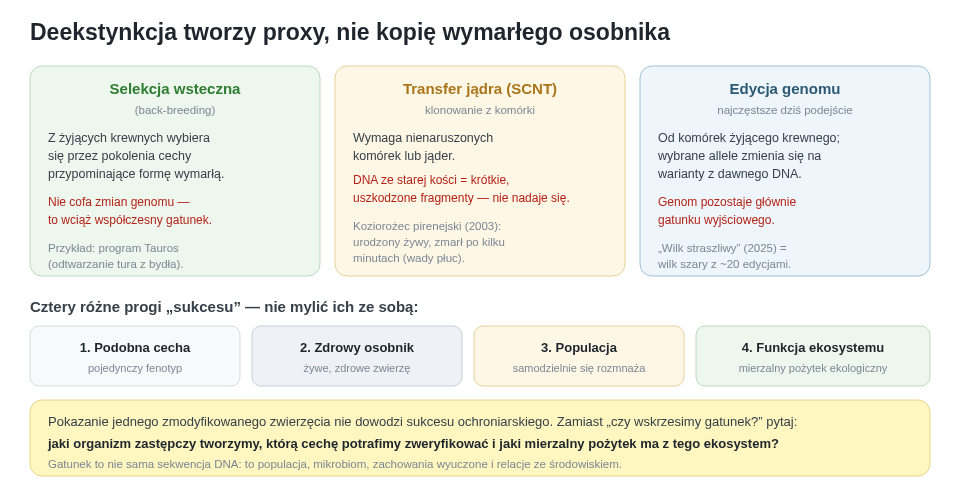 Trzy drogi do organizmu zastępczego różnią się produktem i ograniczeniami. Każda daje co najwyżej podobieństwo lub wybraną funkcję, a „sukces” ma cztery zupełnie różne progi.