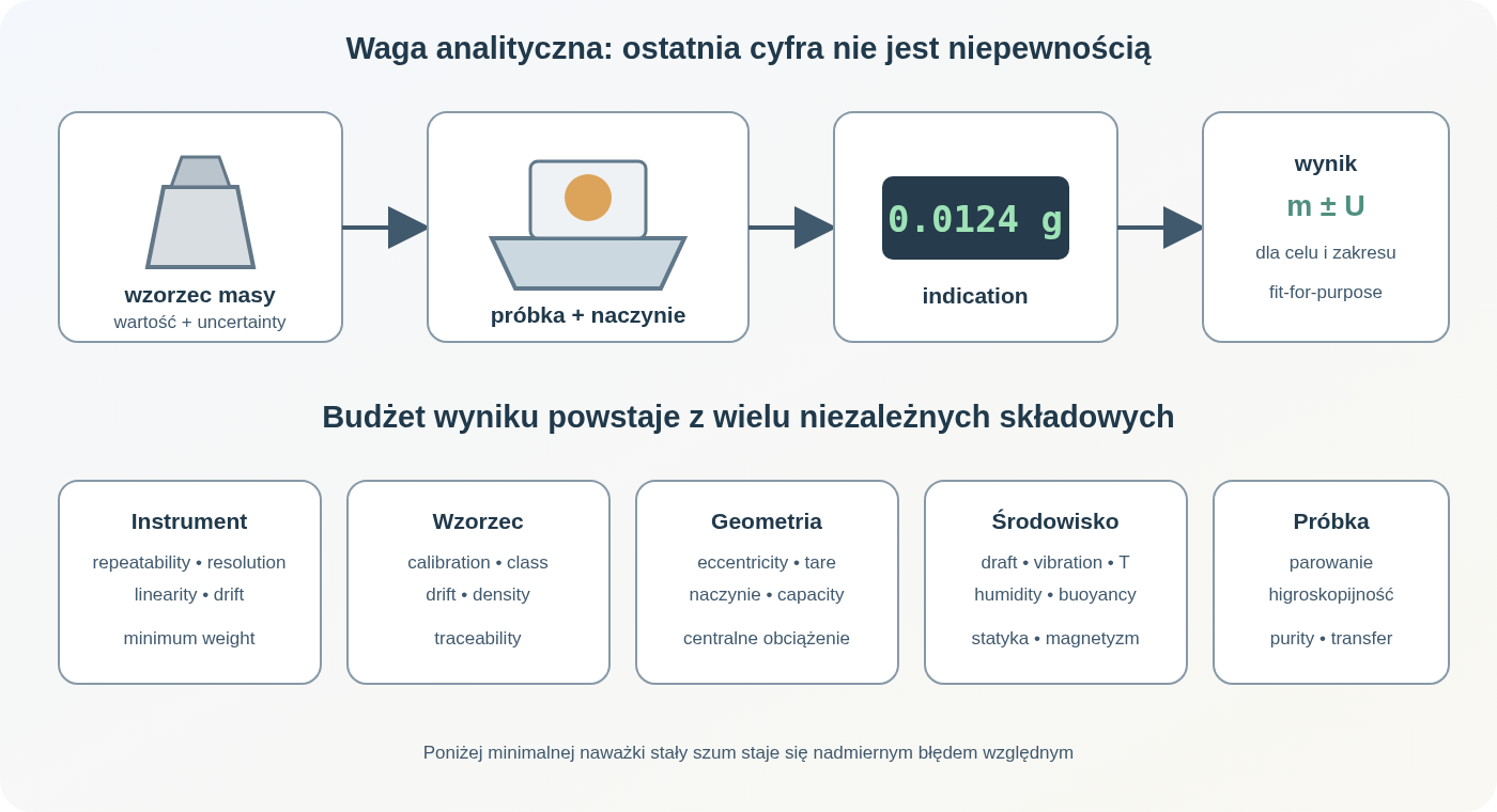 Tor ważenia analitycznego: wzorzec masy ustanawia odniesienie, układ wagi przetwarza siłę na wskazanie, a wynik próbki wymaga korekcji oraz budżetu obejmującego repeatability, resolution, eccentricity, drift, środowisko, buoyancy i zachowanie materiału.